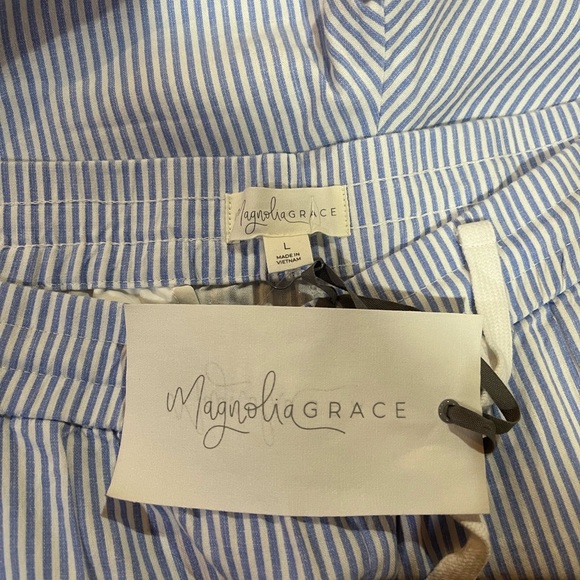 Magnolia Grace Stretch Linen Pull On Pants in Blue and White Stripes Size L - Picture 3 of 5